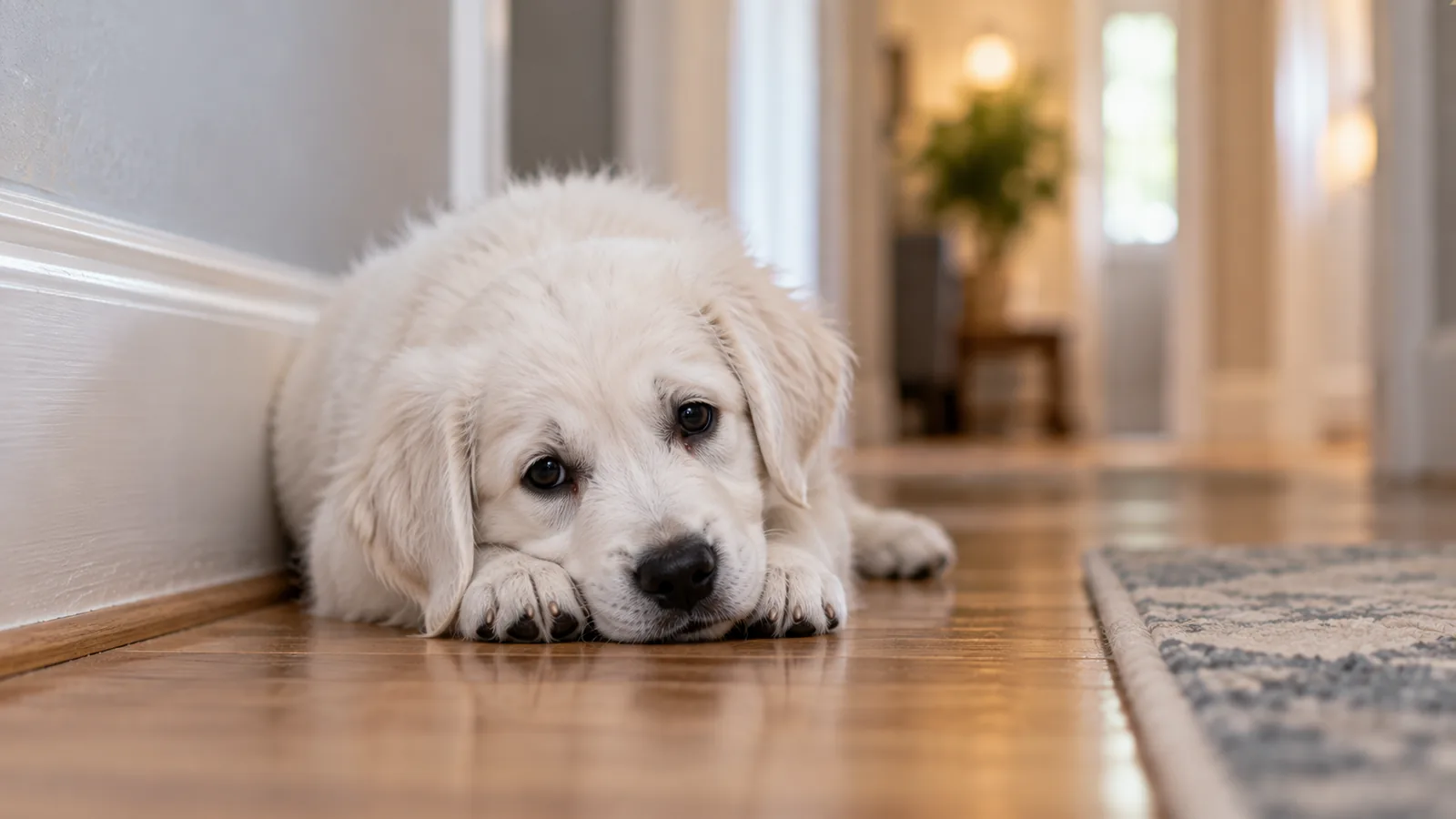 A cream-colored puppy lying flat on a hardwood hallway floor with its chin on its paws.