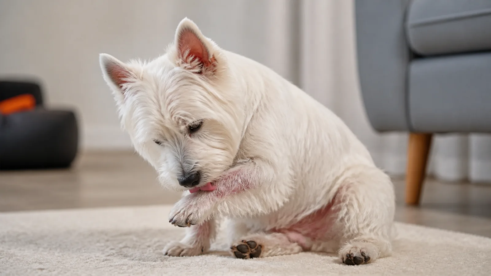 West Highland White Terrier sitting indoors, gently licking its paw.